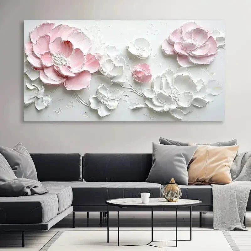Pink & White Flowers Abstract Wall Art Canvas Office Home Room Framed 80x45cm