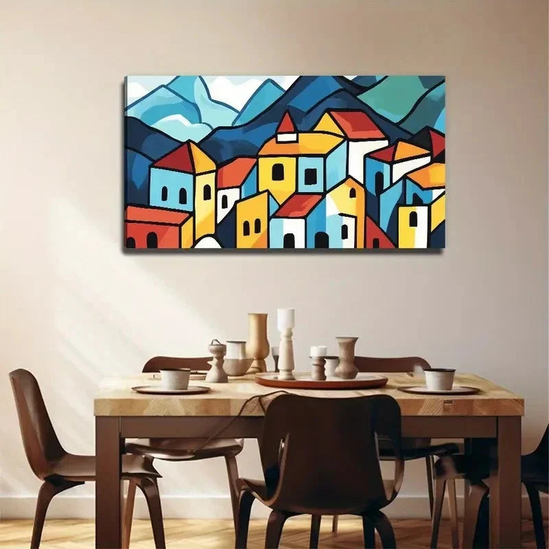 Colorful Houses In Blue Yellow Wall Art Canvas Office Home Room Framed 80x45cm