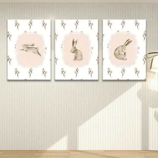 3pcs Charming Spring Playful Bunnies Colorful Eggs Metal Print Ready to Hang Art