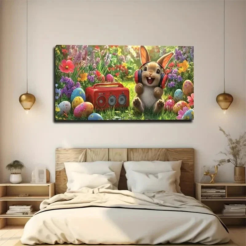 Colorful Flowers Rabbit Vibrant Wall Art Canvas Office Home Room Framed 80x45cm