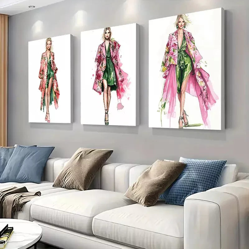 3pcs Fashion Sketch Style Triptych Wall Art Set Canvas Framed 40x60cm - High Quality Print 100% Australian Made Wall Canvas Ready to Hang