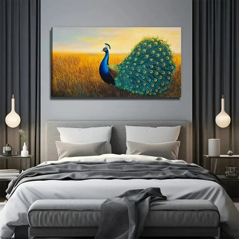 Modern Peacock On The Prairie Wall Art Canvas Office Home Room Framed 120x60cm