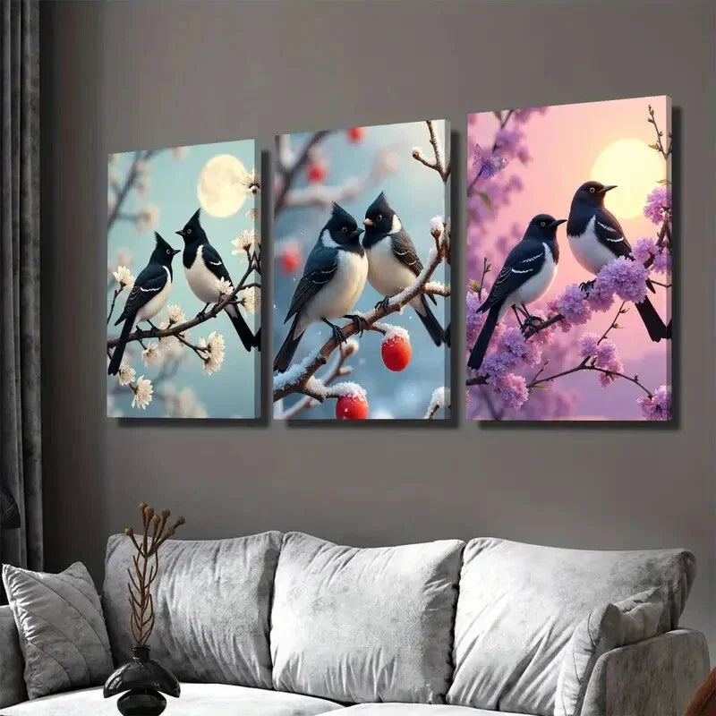 3pcs Charming Bird Beautiful Triptych Black Moon Wall Art Set Canvas Framed 40x60cm - High Quality Print 100% Australian Made Wall Canvas Ready to Hang