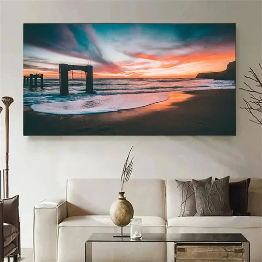 Beach Sunset Scene With Waves Wall Art Canvas Office Home Room Framed 80x45cm