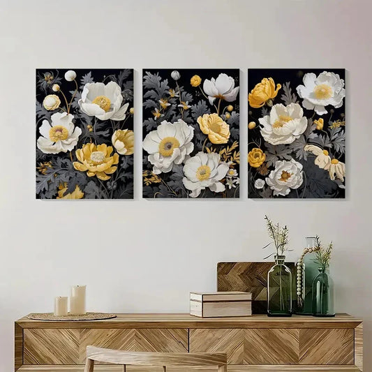 3pcs Boho Chic Set of Three Yellow and Lvory Metal Print Ready to Hang Art