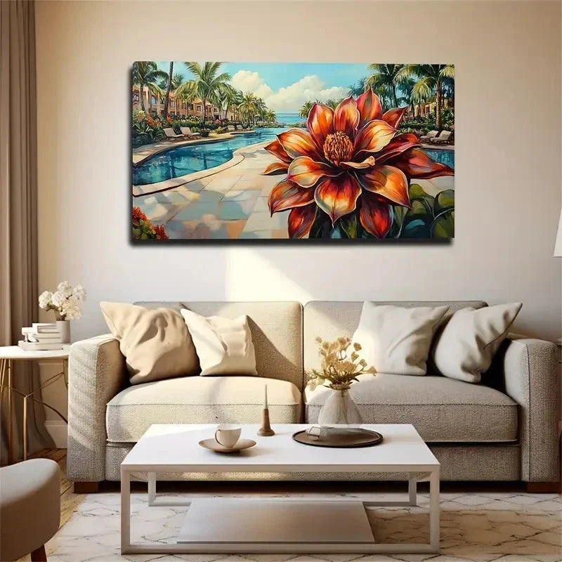 Swimming Pool Blooming Flowers Wall Art Canvas Office Home Room Framed 120x60cm