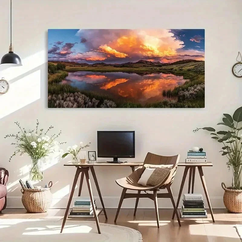 Sunset Tranquil Lake Reflection Wall Art Canvas Office Home Room Framed 120x60cm