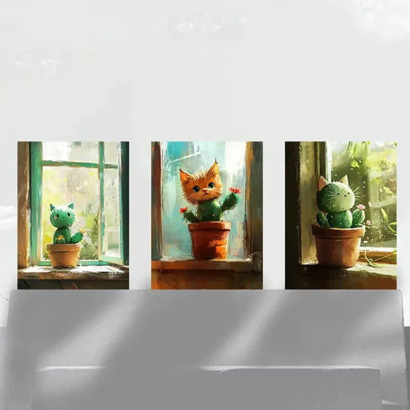 3pcs Cactus Cat Modern Colourful Metal Print Ready to Hang Art