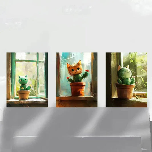 3pcs Cactus Cat Modern Colourful Metal Print Ready to Hang Art