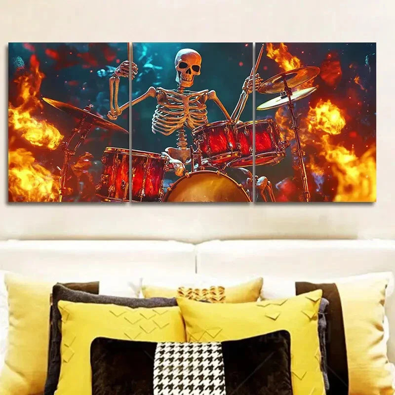 3pcs Skeleton Drummer Deco Classic Metal Print Ready to Hang Art