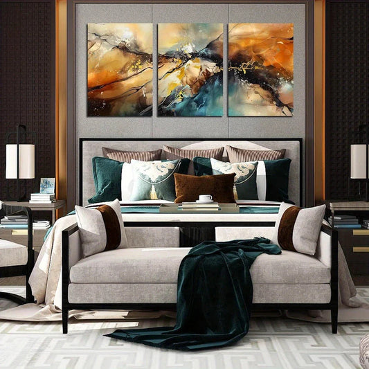 3pcs Abstract Modern Golden Blue Metal Print Ready to Hang Art