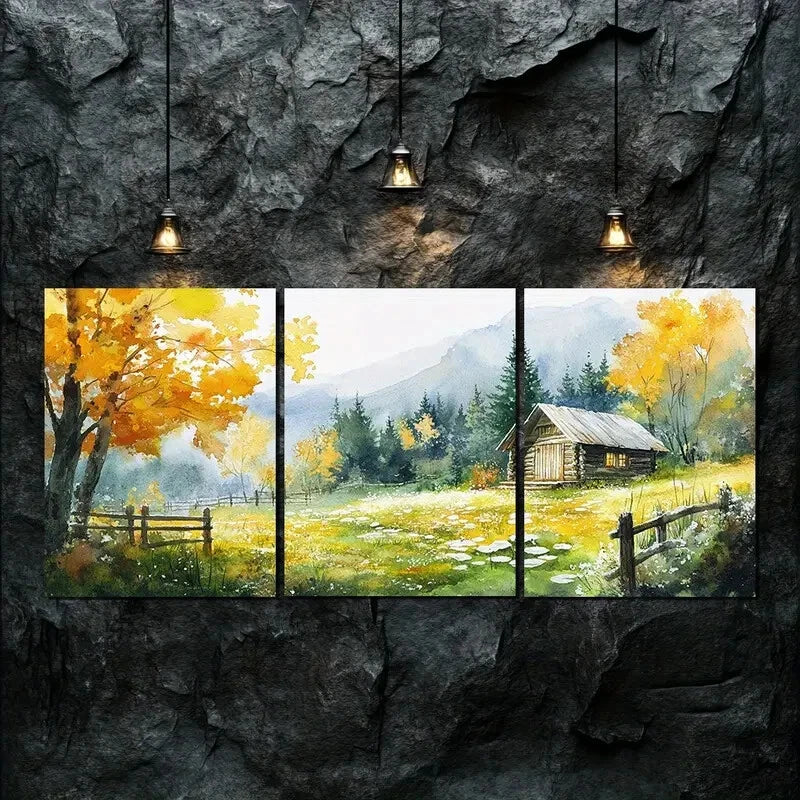 3pcs Beautiful Autumn Scenery Log Cabin Perfect Wall Art Set Canvas Framed 40x60cm - High Quality Print 100% Australian Made Wall Canvas Ready to Hang
