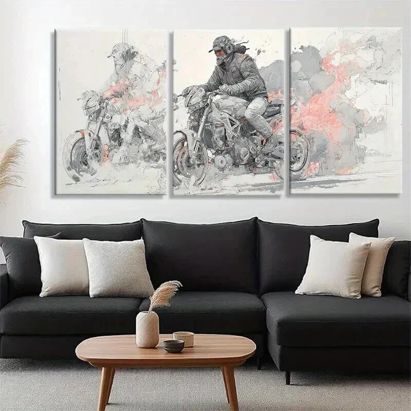 3pcs Biker in Action with Creative Smoke Perfect Wall Art Set Canvas Framed 40x60cm - High Quality Print 100% Australian Made Wall Canvas Ready to Hang