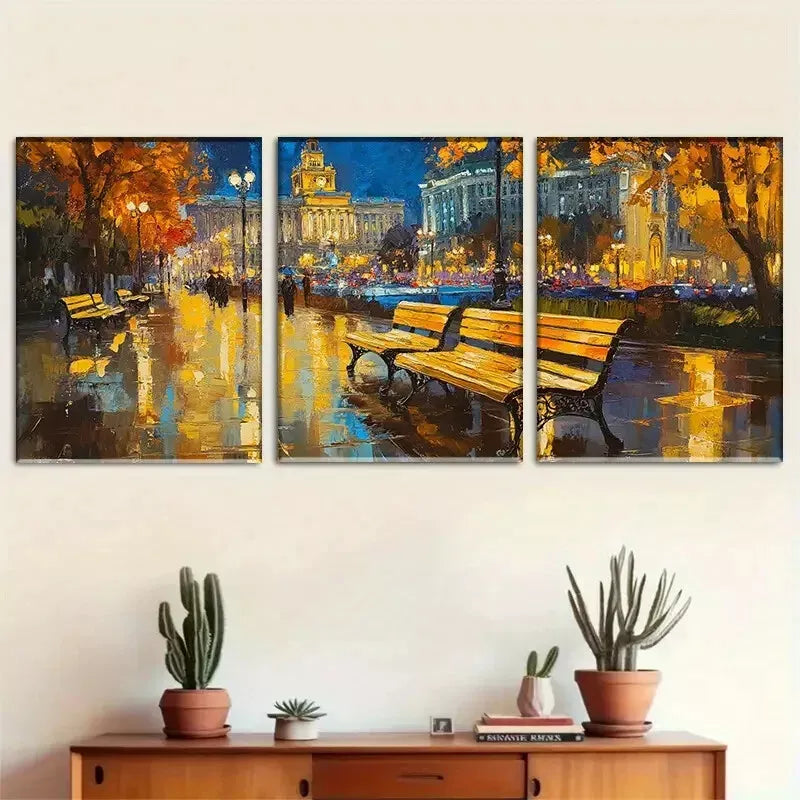 3pcs vibrant Autumn Night Cityscape Wall Art Set Canvas Framed 40x60cm - High Quality Print 100% Australian Made Wall Canvas Ready to Hang