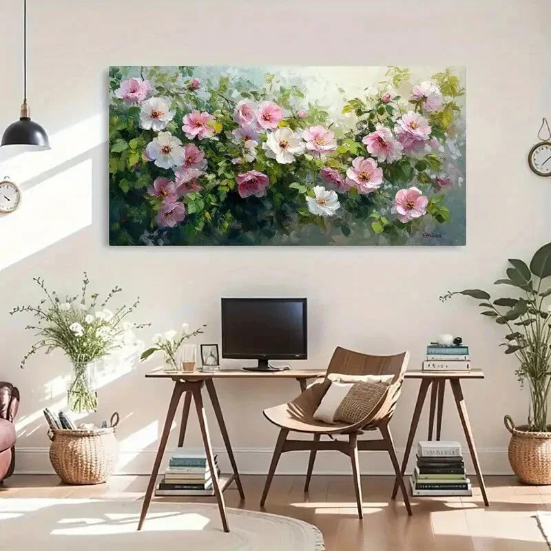 Impressionistic White Flowers Wall Art Canvas Office Home Room Framed 120x60cm