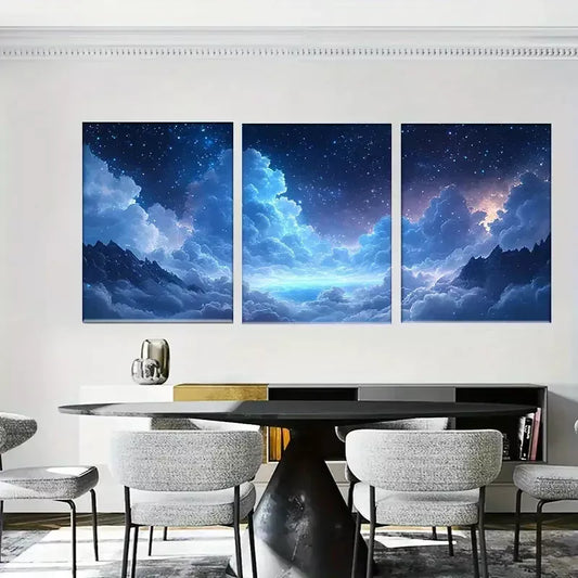 3pcs Starry Night Sky Dreamy Blue Galaxy  Wall Art Set Canvas Framed 40x60cm - High Quality Print 100% Australian Made Wall Canvas Ready to Hang