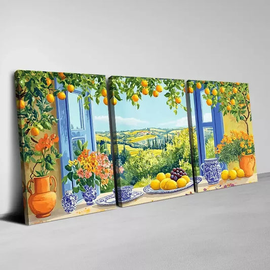3pcs Stunning Flowers And Fruit Window Wall Art Set Canvas Framed 40x60cm - High Quality Print 100% Australian Made Wall Canvas Ready to Hang