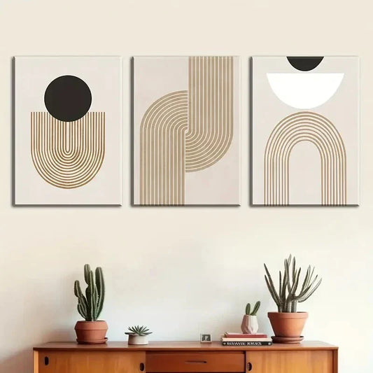 3pcs Simple Line Murals Black Round Beige Metal Print Ready to Hang Art