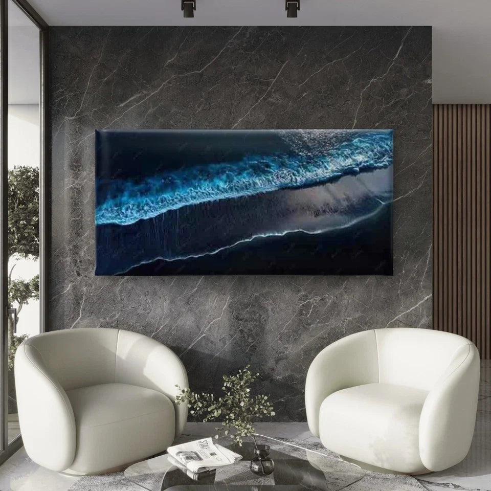 Blue And Black Coastal Scene Wall Art Canvas Office Home Room Framed 120x60cm