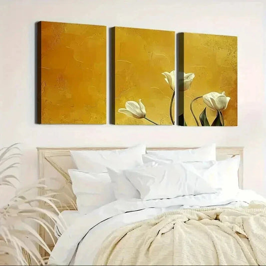 3pcs Elegant White Flowers on Golden Background Wall Art Set Canvas Framed 40x60cm - High Quality Print 100% Australian Made Wall Canvas Ready to Hang