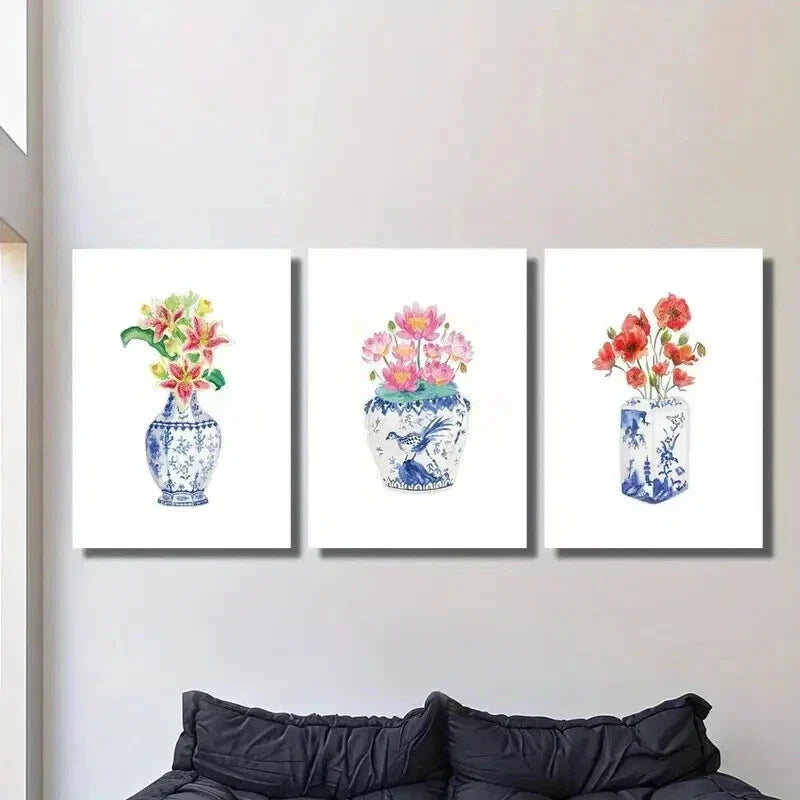 3pcs Watercolor Flowers in Chinoiseries Vase Wall Art Set Canvas Framed 40x60cm - High Quality Print 100% Australian Made Wall Canvas Ready to Hang