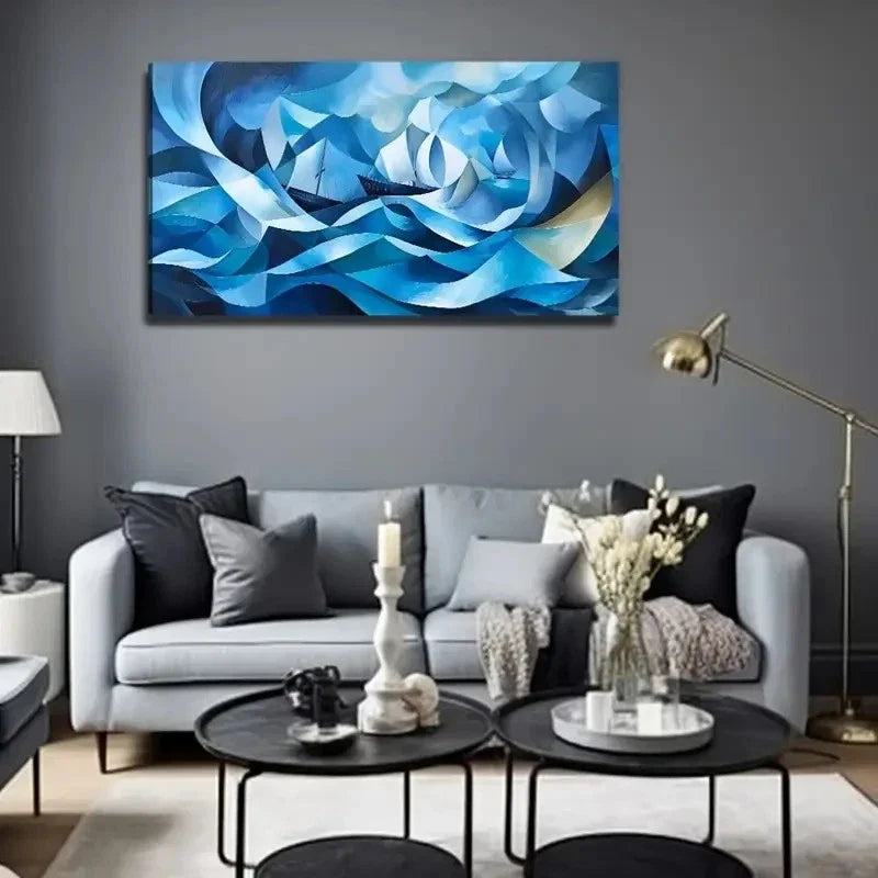 Blue Abstract Cave Perfect Wall Art Canvas Office Home Room Framed 80x45cm