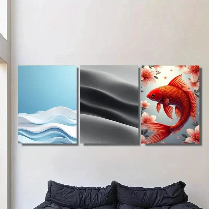 3pcs Black Silk & Goldfish Design Metal Print Ready to Hang Art