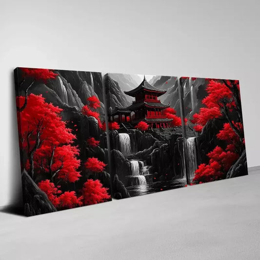 3pcs Japanese Pagoda & Cherry Blossom Wall Art Set Canvas  Framed 40x60cm - High Quality Print 100% Australian Made Wall Canvas Ready to Hang