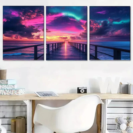 3pcs  Colorful Vibrant Aurora Pier Triptych  Wall Art Set Canvas Framed 40x60cm - High Quality Print 100% Australian Made Wall Canvas Ready to Hang