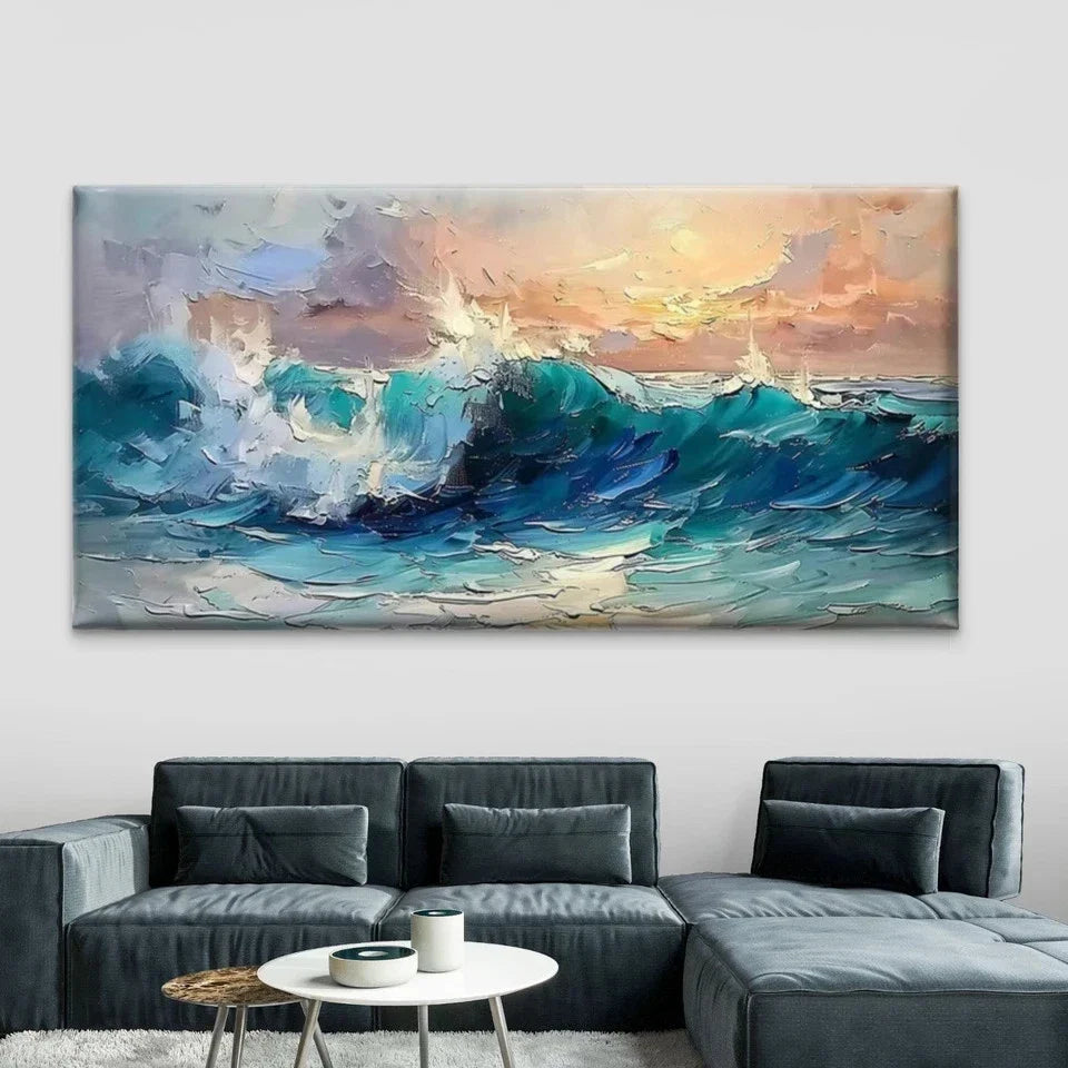 Ocean Wave Sunset Wall Art Canvas Office Home Room Framed 80x45cm