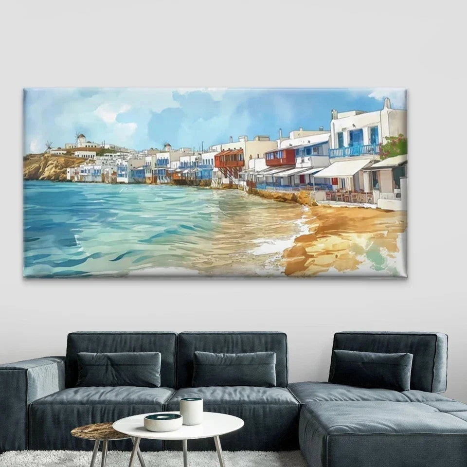 Greek Island-Inspired Seaside Wall Art Canvas Office Home Room Framed 80x45cm