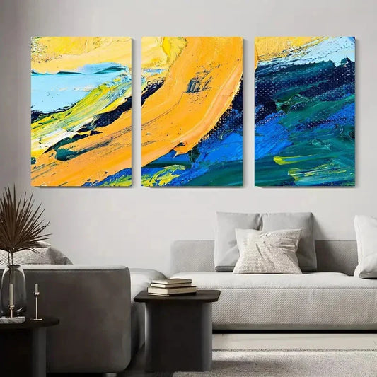 3pcs Abstract Palette Knife Vibrant Yellow, Blue Metal Print Ready to Hang Art
