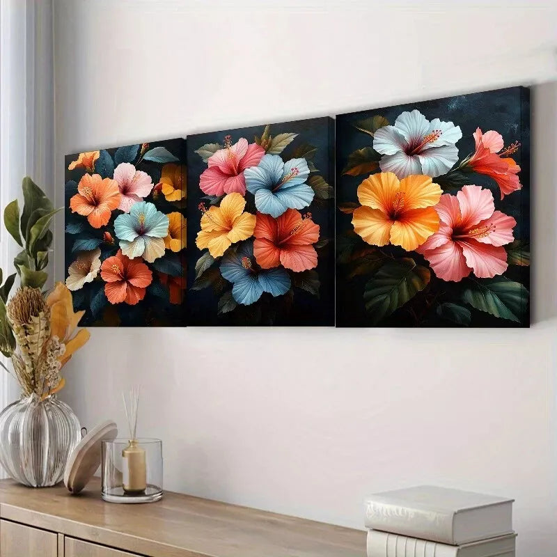 3pcs Featuring Hibiscus Flowers, Floral Wall Art Set Canvas Framed 40x60cm - High Quality Print 100% Australian Made Wall Canvas Ready to Hang