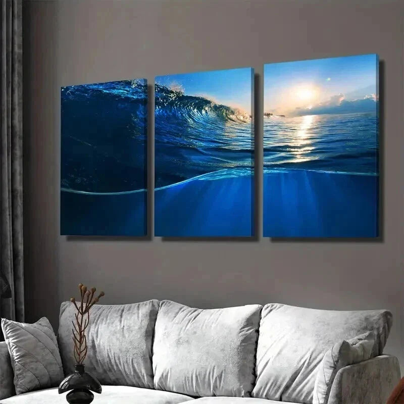 3pcs Vibrant Blue Waves & Sunlight Ocean Wall Art Set Canvas Framed 40x60cm - High Quality Print 100% Australian Made Wall Canvas Ready to Hang