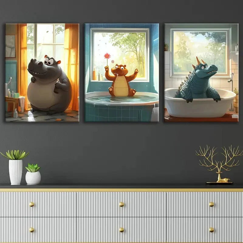 3pcs Cute Animal Hippopotamus Cow Crocodile Blue Wall Art Set Canvas Framed 40x60cm - High Quality Print 100% Australian Made Wall Canvas Ready to Hang