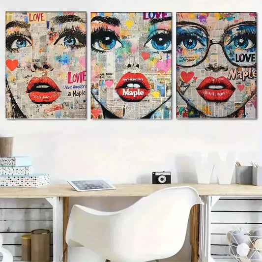 3pcs Pop-Art Style Female Face Triptych  Wall Art Set Canvas Framed 40x60cm - High Quality Print 100% Australian Made Wall Canvas Ready to Hang