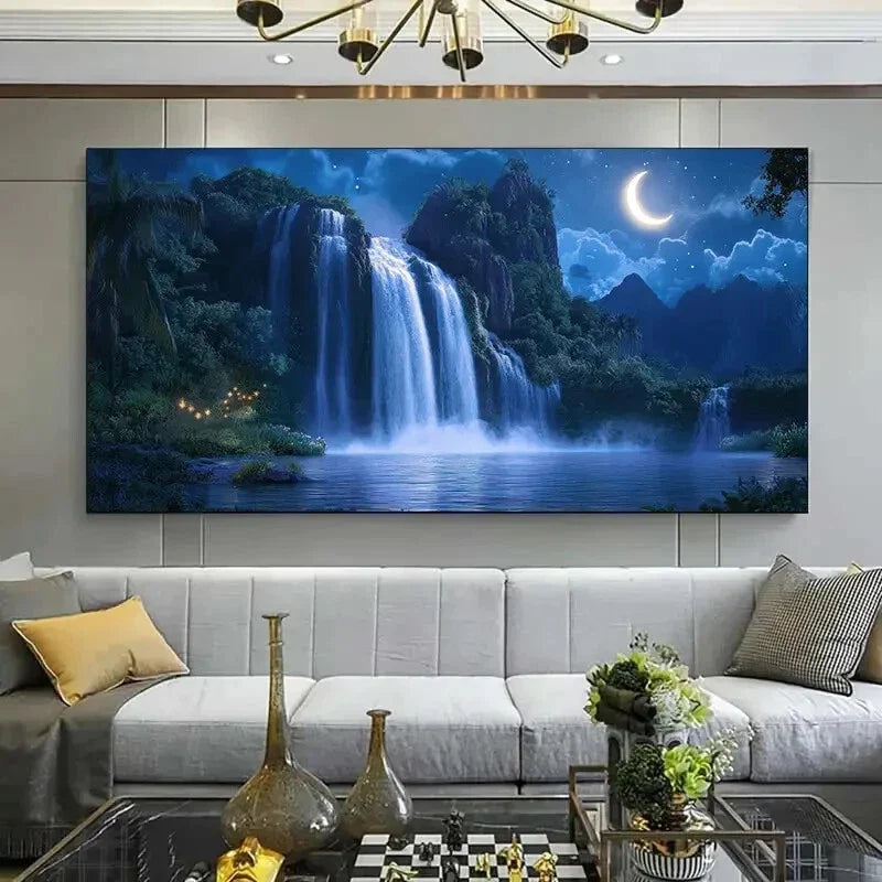 Waterfalls & Crescent Moon Wall Art Canvas Office Home Room Framed 80x45cm