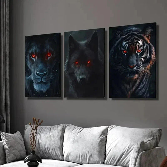 3pcs Red Eyed Black Lion Black Wolf Black Tiger Wall Art Set Canvas Framed 40x60cm - High Quality Print 100% Australian Made Wall Canvas Ready to Hang