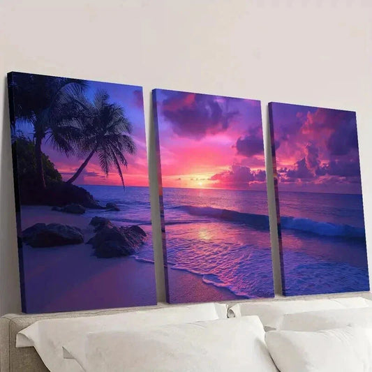 3pcs Palm Trees Ocean Beach & Sunset Wall Art Set Canvas Framed 40x60cm - High Quality Print 100% Australian Made Wall Canvas Ready to Hang