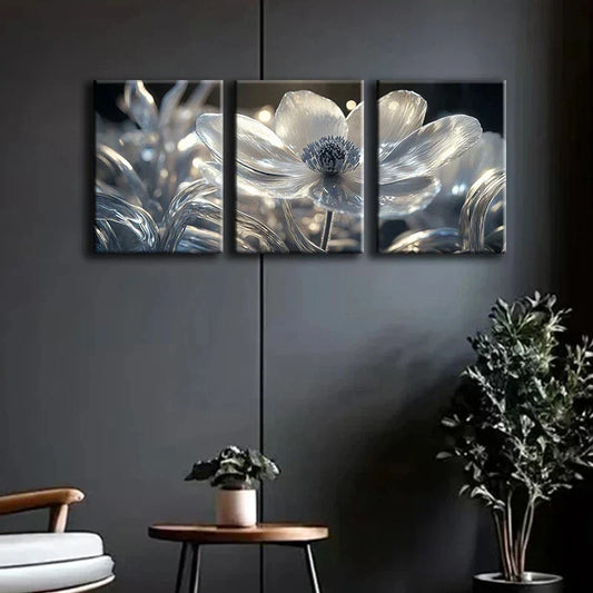 3pcs Abstract Glowing Flower Gray & White Metal Print Ready to Hang Art