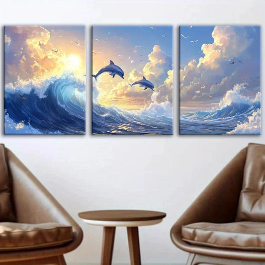 3pcs Fantasy Dolphin Leaping on The Waves Metal Print Ready to Hang Art