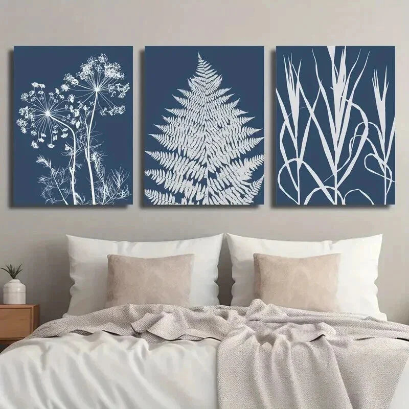 3pcs Blue and White Flowers Ferns & Grass Wall Art Set Canvas Framed 40x60cm - High Quality Print 100% Australian Made Wall Canvas Ready to Hang