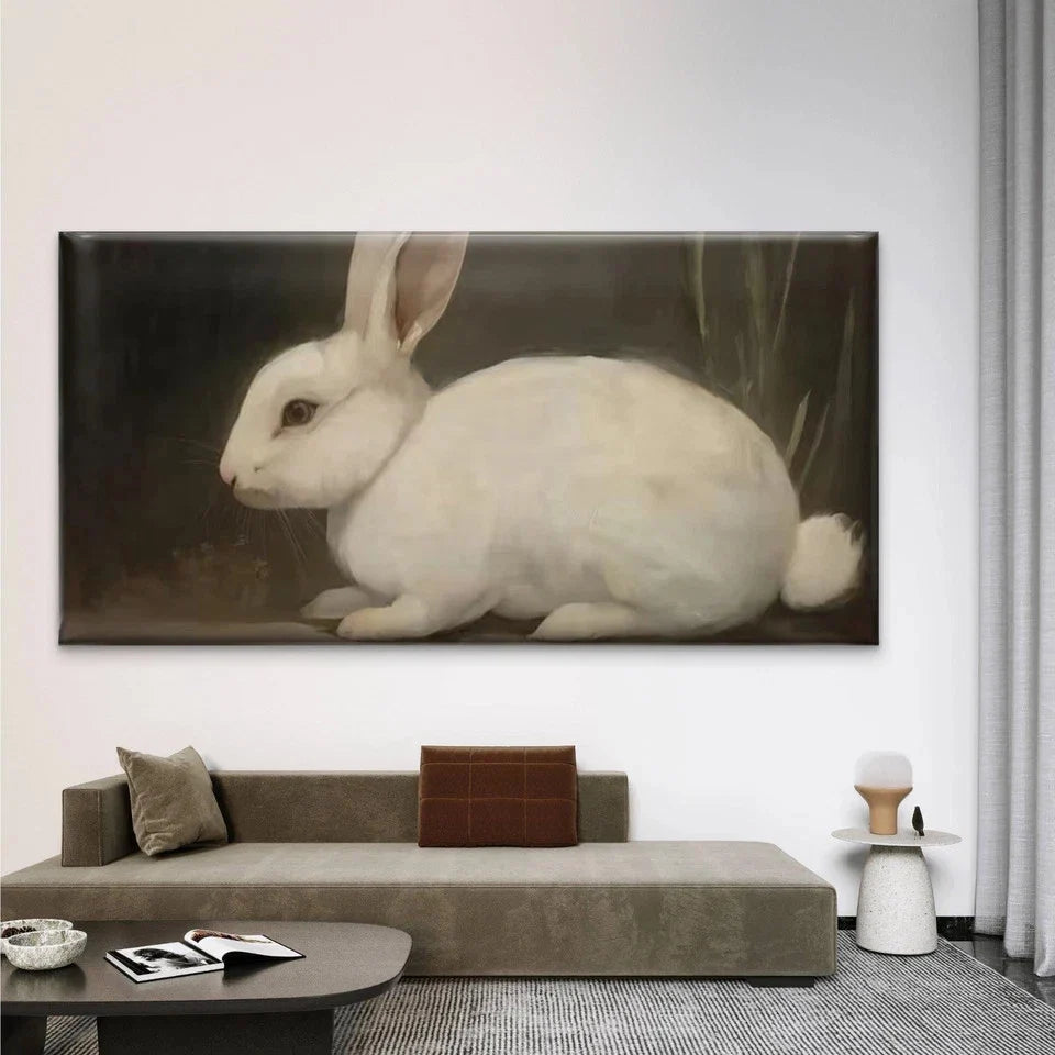 Minimalist White Rabbit Wall Art Canvas Office Home Room Framed 80x45cm