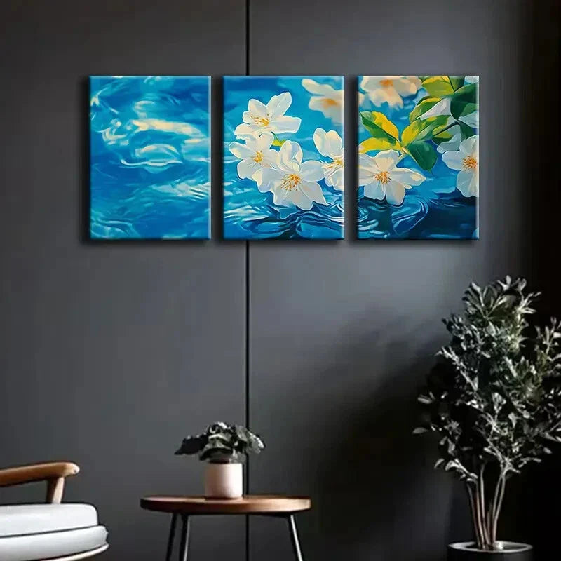 3pcs White Blossoms & Blue Leaves Nature Perfect Wall Art Set Canvas Framed 40x60cm - High Quality Print 100% Australian Made Wall Canvas Ready to Hang