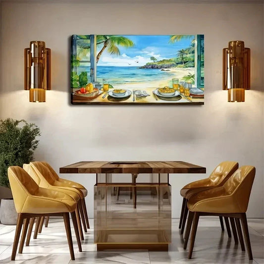 Seaside Holiday And Food Wall Art Canvas Office Home Room Framed 80x45cm