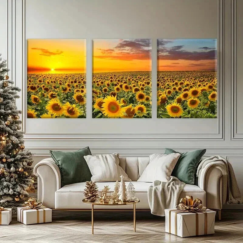 3pcs Golden Sunset Fields with Sunflower Wall Art Set Canvas Framed 40x60cm - High Quality Print 100% Australian Made Wall Canvas Ready to Hang
