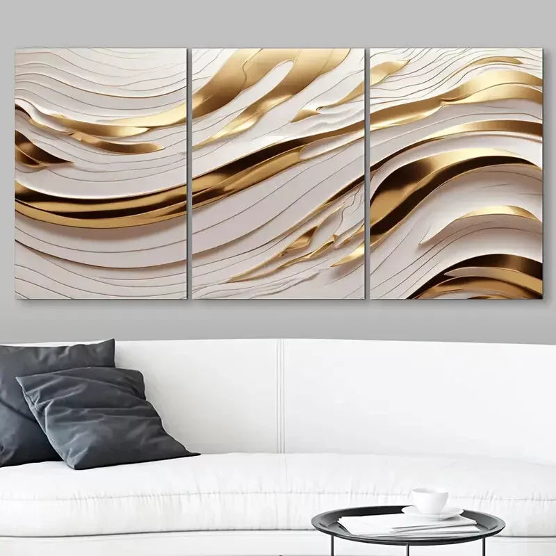 3pcs Golden & White Abstract Wave Canvas Framed 40x60cm - High Quality Print 100% Australian Made Wall Canvas Ready to Hang