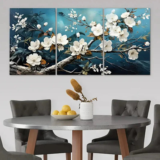 3pcs White Florals Blue Brown Leaves Metal Print Ready to Hang Art