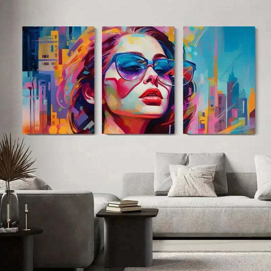 3pcs Colorful Abstract Woman with Glasses Metal Print Ready to Hang Art