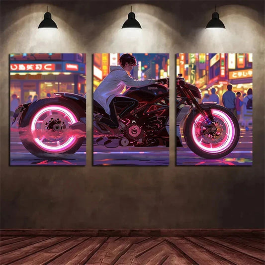 3pcs Vibrant Neon-Lit Rider Scenes Metal Print Ready to Hang Art